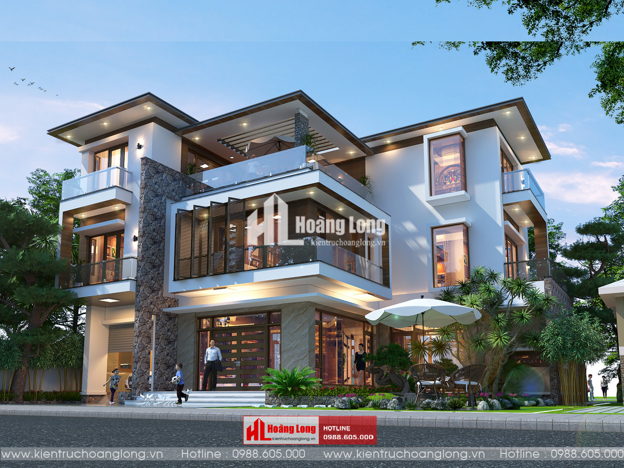 Thiết kế biệt thự mái bằng Hưng Yên 3 tầng hiện đại [HL941025]