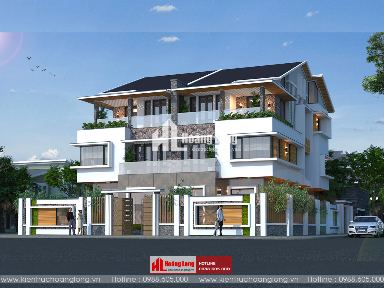 Thiết kế biệt thự mái chéo 3 tầng Hà Nội biệt thự song lập [HL961025]